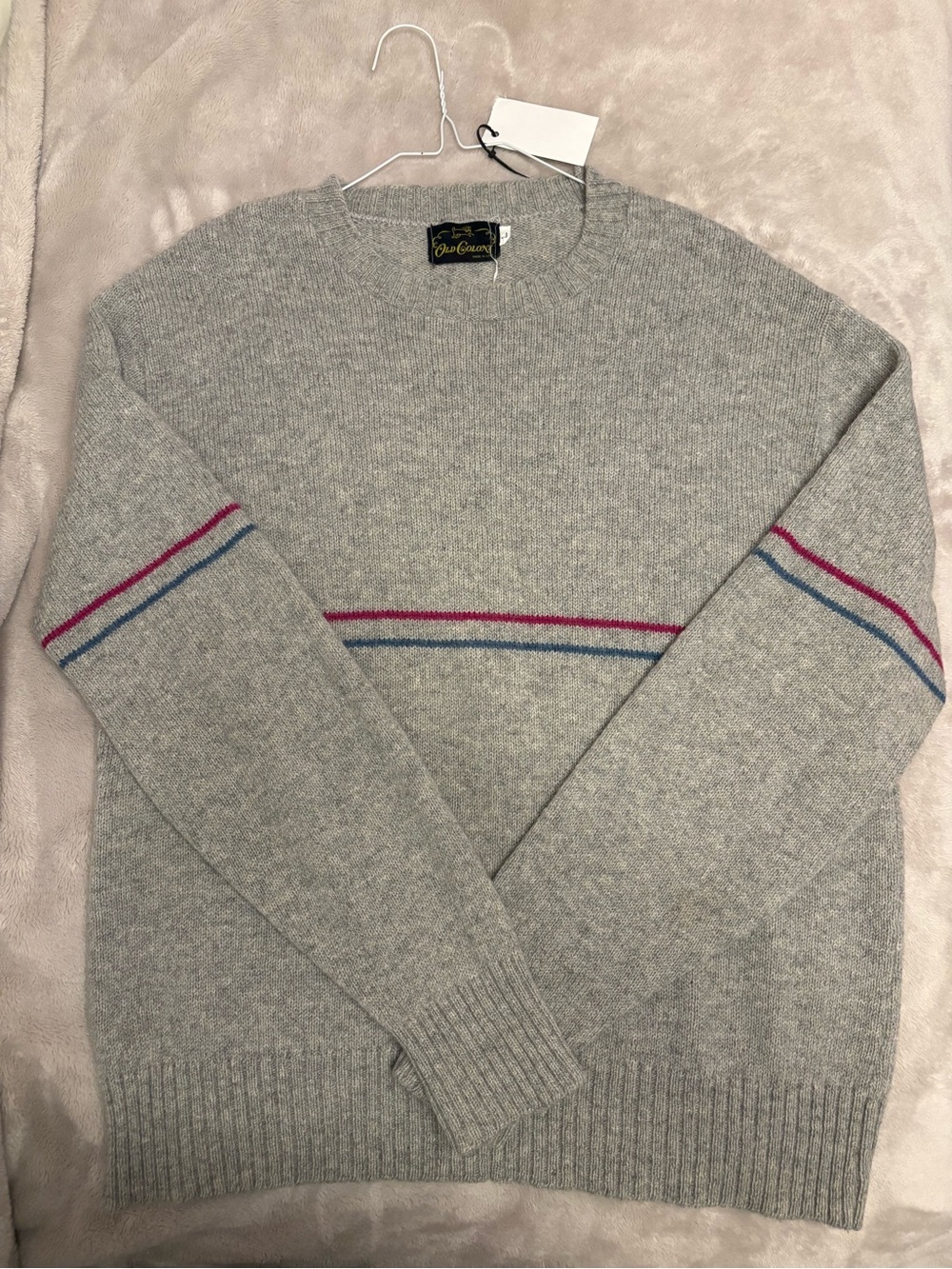 Vintage Wool Old Colony Gray Crewneck Sweater with Pink and Blue Stripe Accents